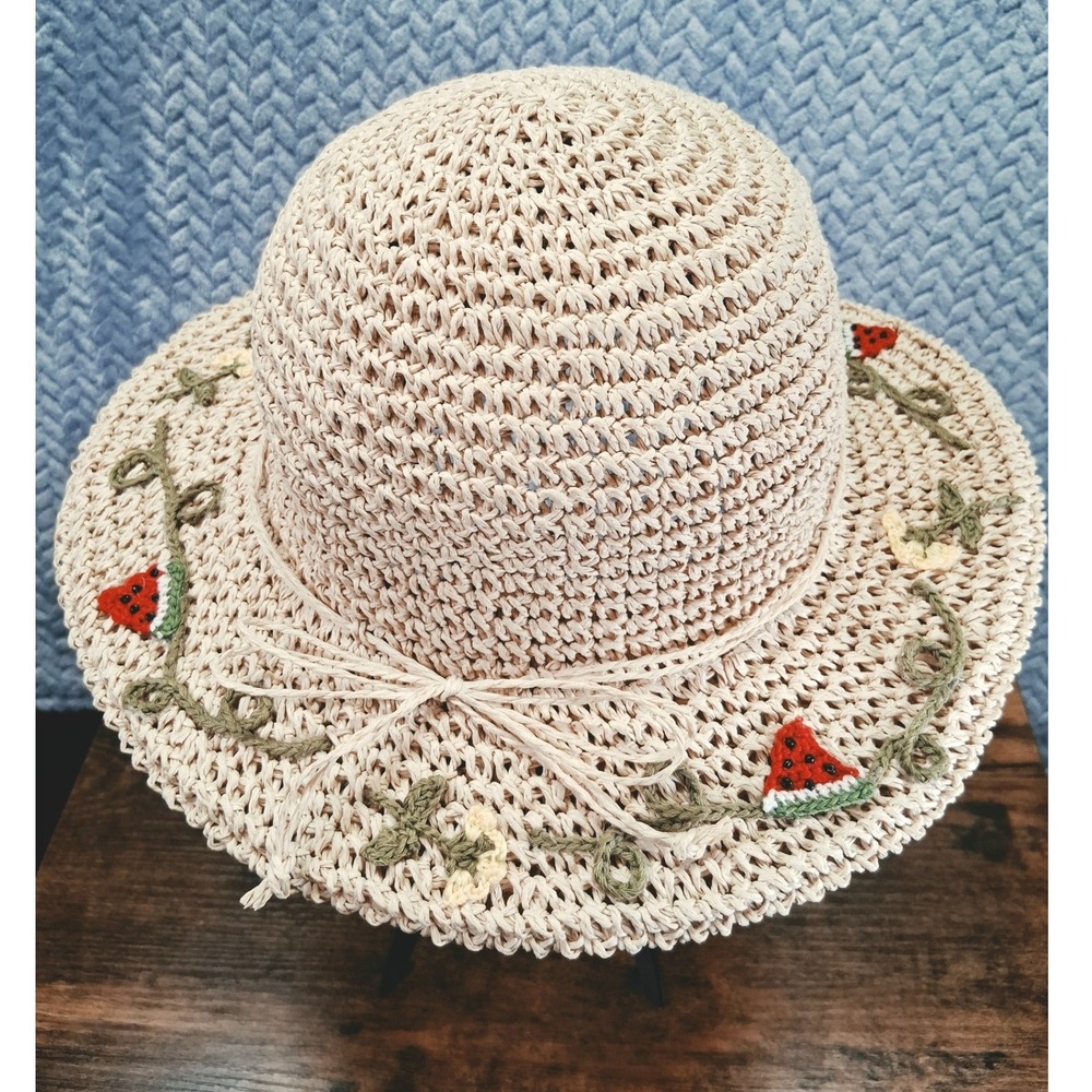 Cappelli Woven Straw Sun Hat Watermelon Crochet Floral Embroidery Wide Brim